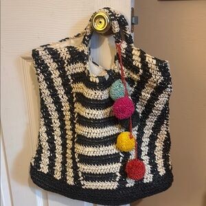 VENUS Black and Cream Tote Bag with Colorful Pom Poms